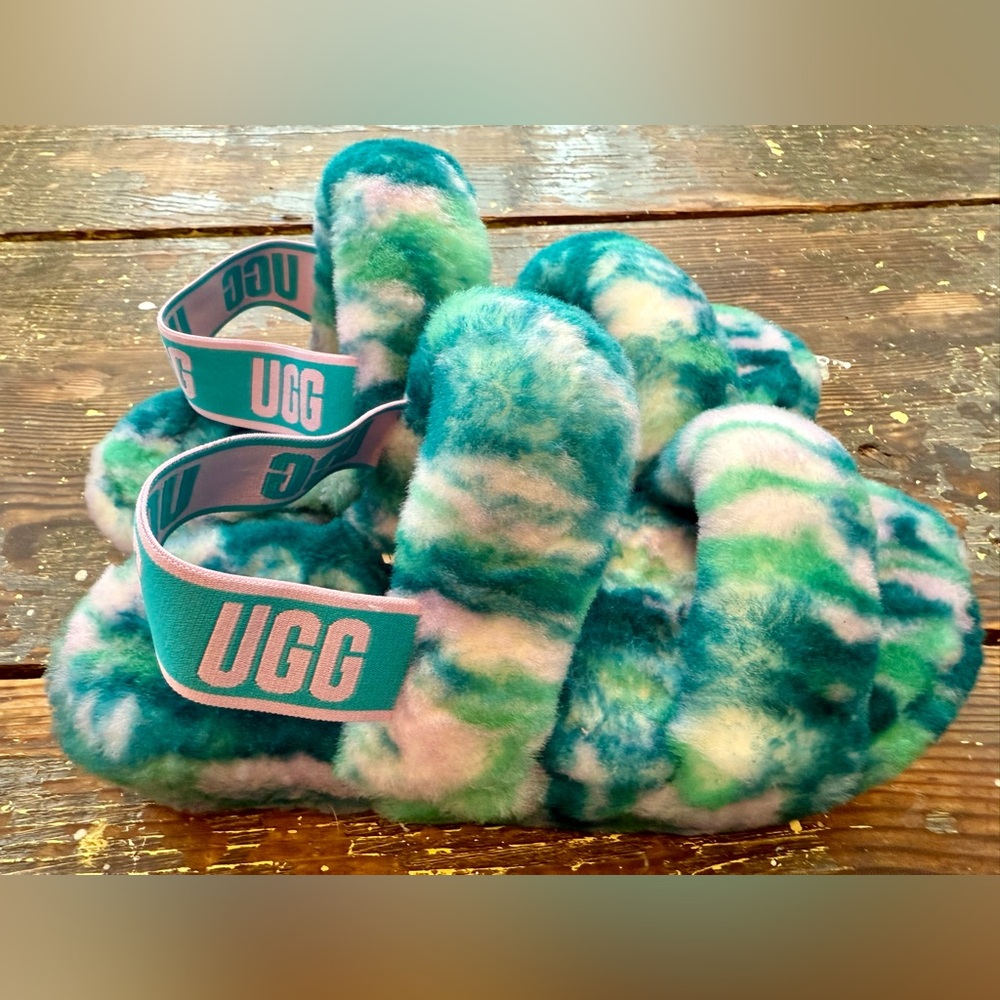 Ugg Womens Fluff Yeah Marble Sz 9 Aquatic Blue Real Lamb Fur Slide Slippers